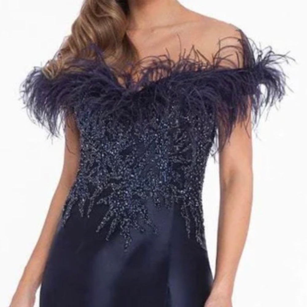 Blue feathered evening dress